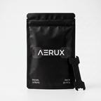 A black resealable pouch labeled AERUX Nasal Strips Pack 30 PCS, with a black nasal strip applicator leaning against the right side, photographed on a clean light gray background.