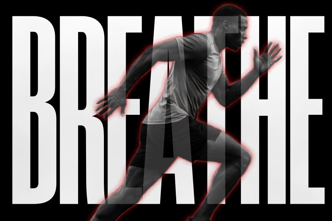 A black graphic background with large white text reading 'BREATHE' and a grayscale running figure outlined in red over the text.