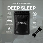 AERUX nasal strips in a black resealable pouch, shown with marketing text and icons for sleep benefits on a dim bedroom background.
