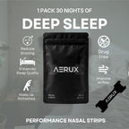 AERUX nasal strips in a black resealable pouch, shown with marketing text and icons for sleep benefits on a dim bedroom background.