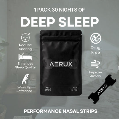 AERUX nasal strips in a black resealable pouch, shown with marketing text and icons for sleep benefits on a dim bedroom background.