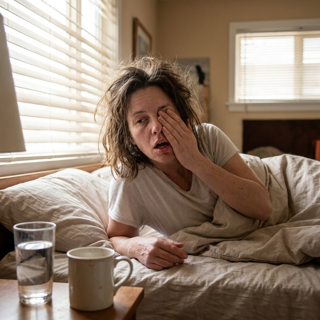 Woman waking up groggy and dehydrated from mouth breathing overnight