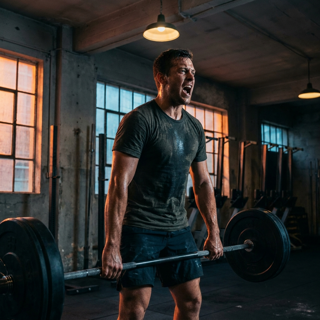 Athlete straining and gasping for air during a heavy lift
