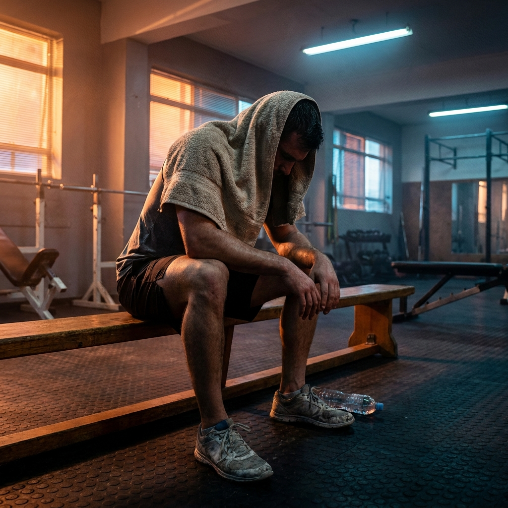 Exhausted athlete sitting depleted on gym bench after poor recovery