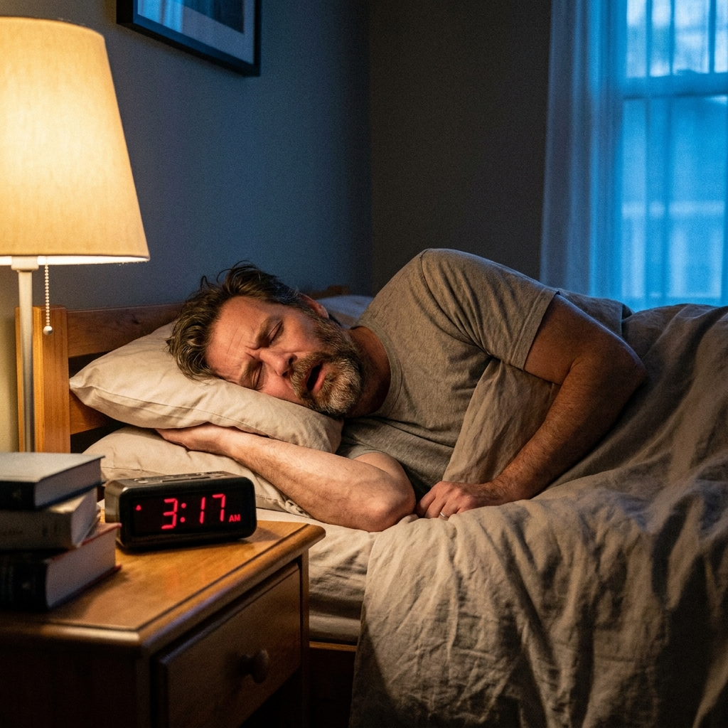 Man struggling with snoring, restless sleep due to restricted nasal breathing