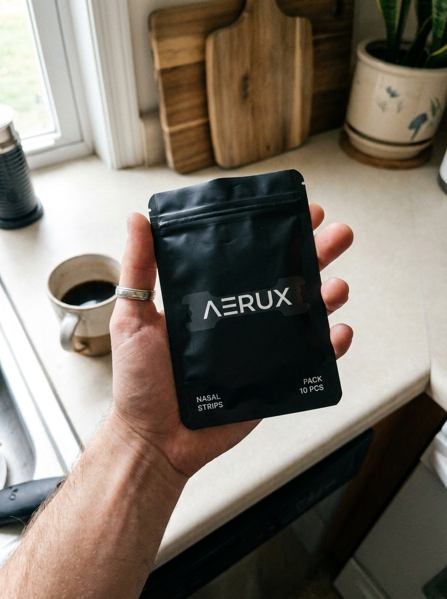 Hand holding AERUX nasal strips pouch at home, candid shot