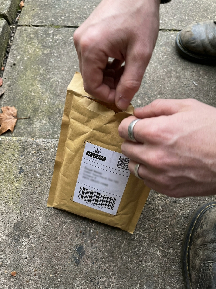 Hands opening AERUX Nasal Strips delivery on doorstep