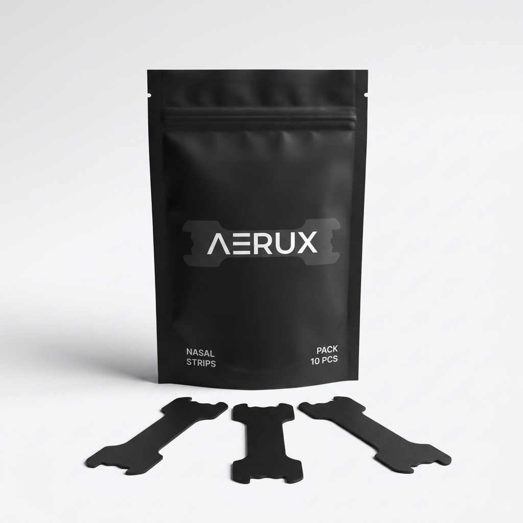 AERUX Performance Nasal Strips 10 Pack, matte black pouch with strips fanned out