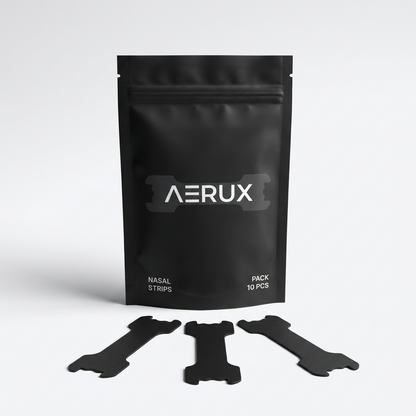 AERUX Performance Nasal Strips 10 Pack, matte black pouch with strips fanned out