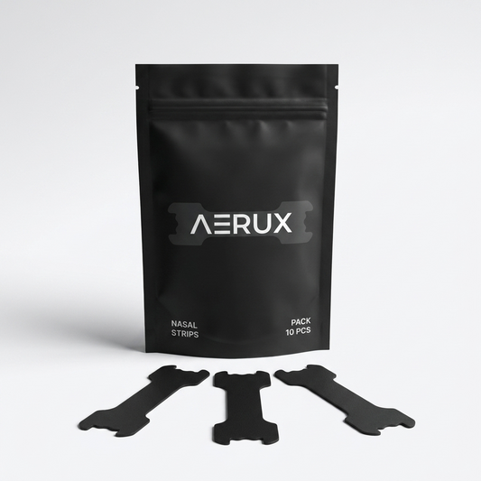 AERUX Performance Nasal Strips 10 Pack, matte black pouch with strips fanned out