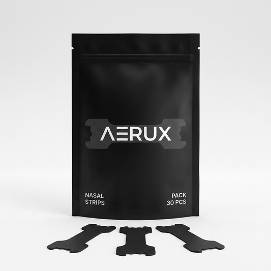 AERUX Performance Nasal Strips 30 Pack, matte black pouch with strips fanned out