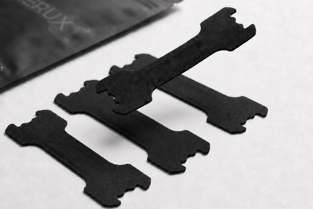 Four black flat bike chainstay tools arranged on a light gray surface, with a black branded pouch in the background. The pouch shows the brand name AERUX.