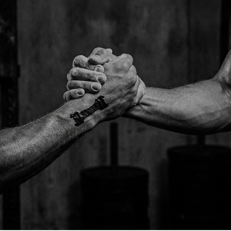 Two muscular arms shaking hands in a gym setting