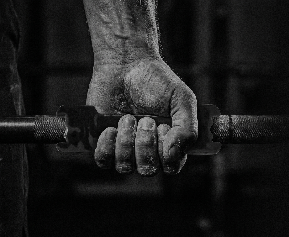 Black and white image of a hand gripping a barbell.